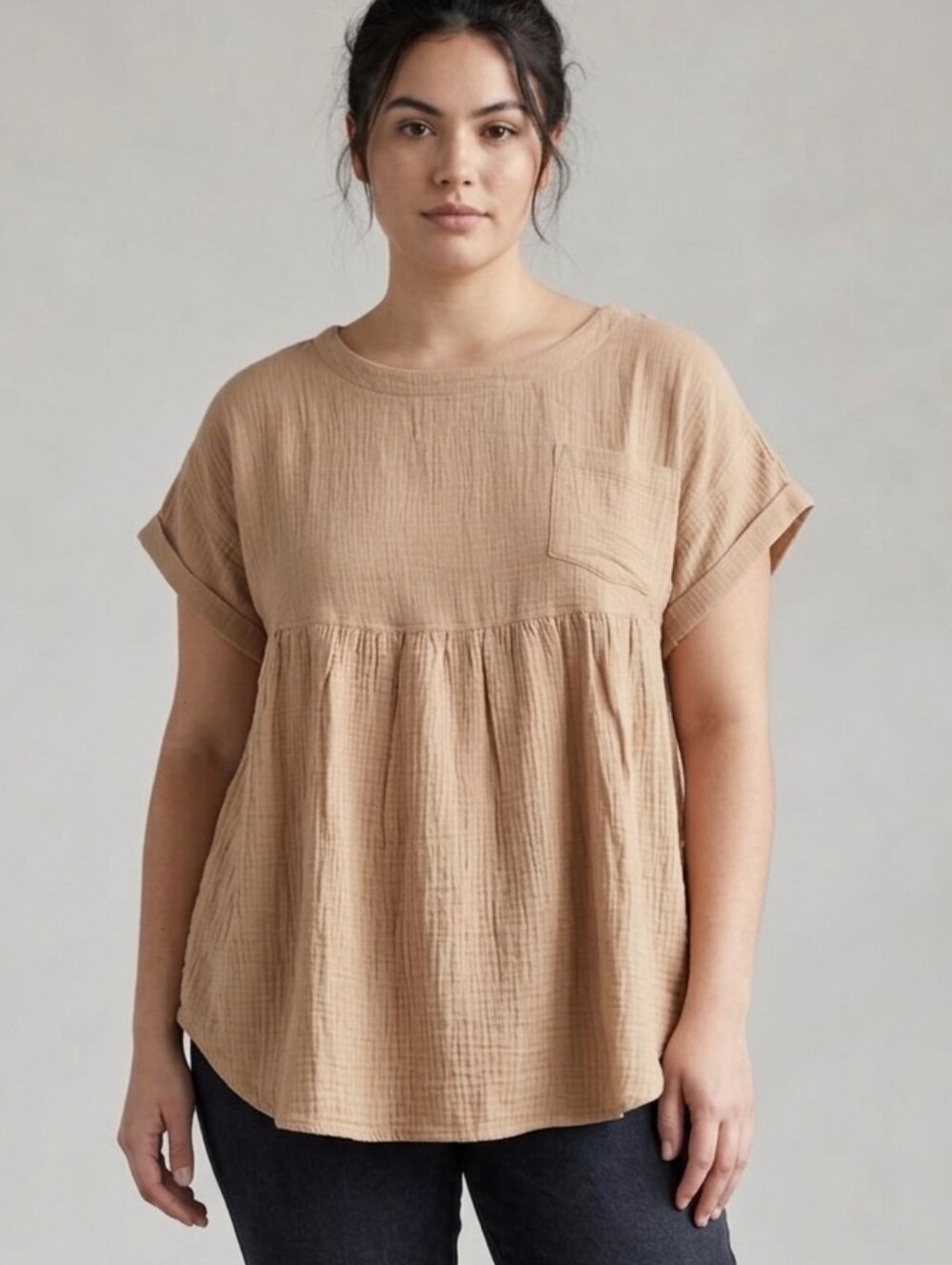 197 | Gauze Short Sleeve Tunic Top- Light Brown